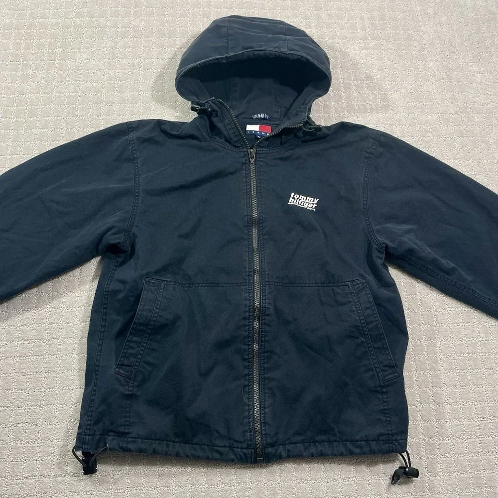 Vintage 90s‎ Tommy Hilfiger Jeans Size Medium Striped Black Hoodie Jacket